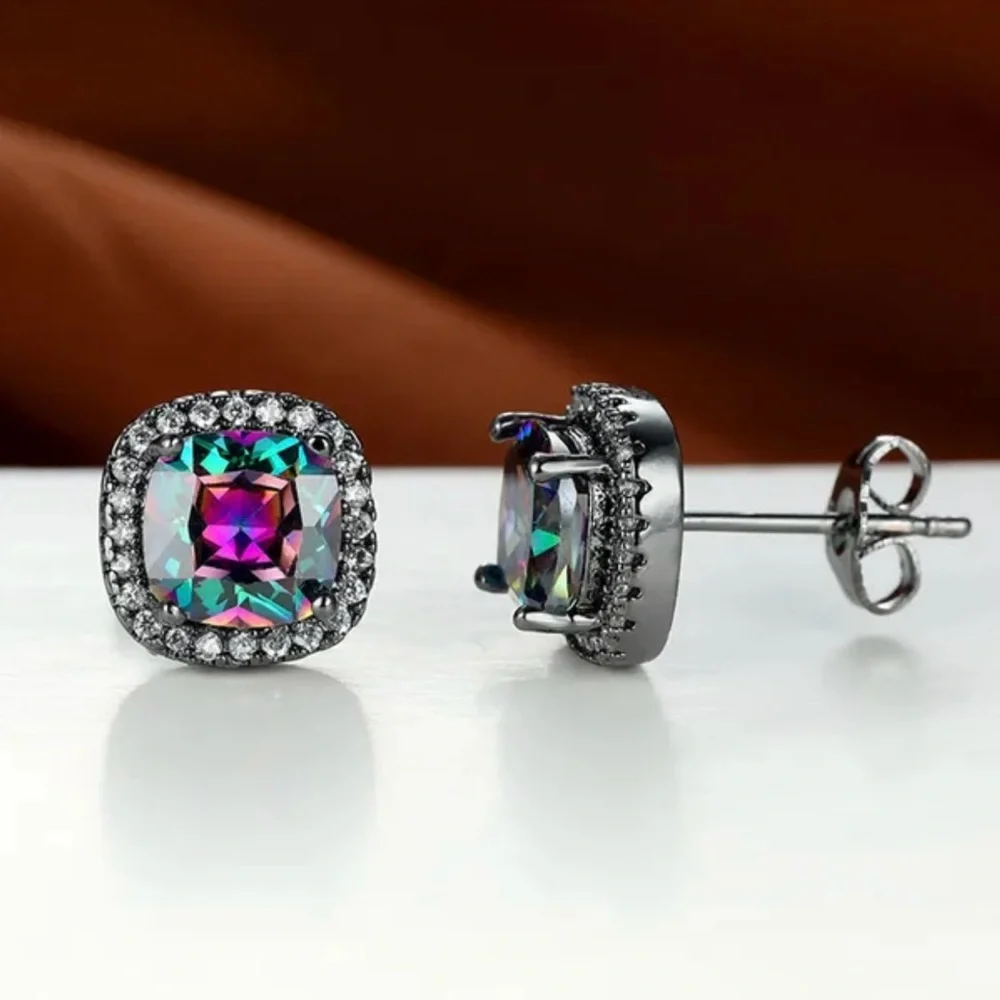 Women’s  Silver Tone Rainbow Mystical Fire‎ Topaz Fashion Stud Earrings